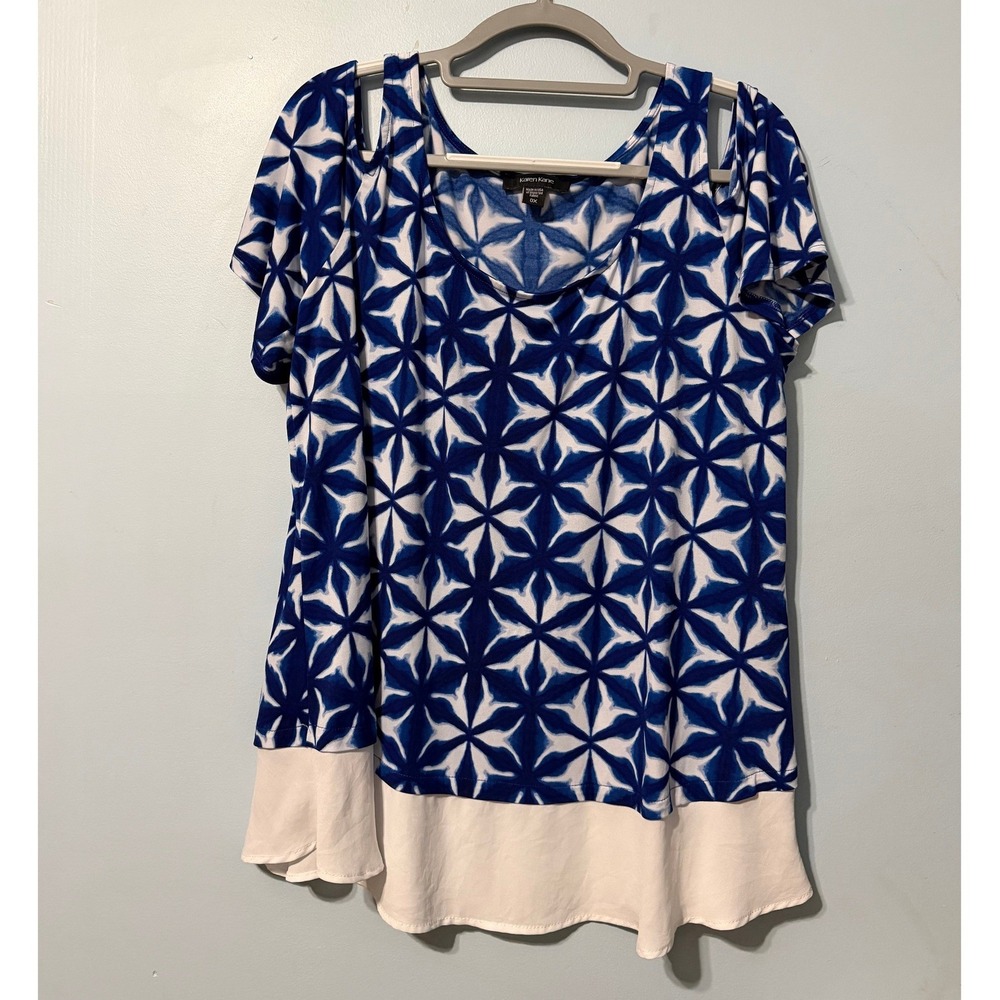 Karen Kane 0X Blue White Geometric Cold Shoulder Layered Hem Top 2615